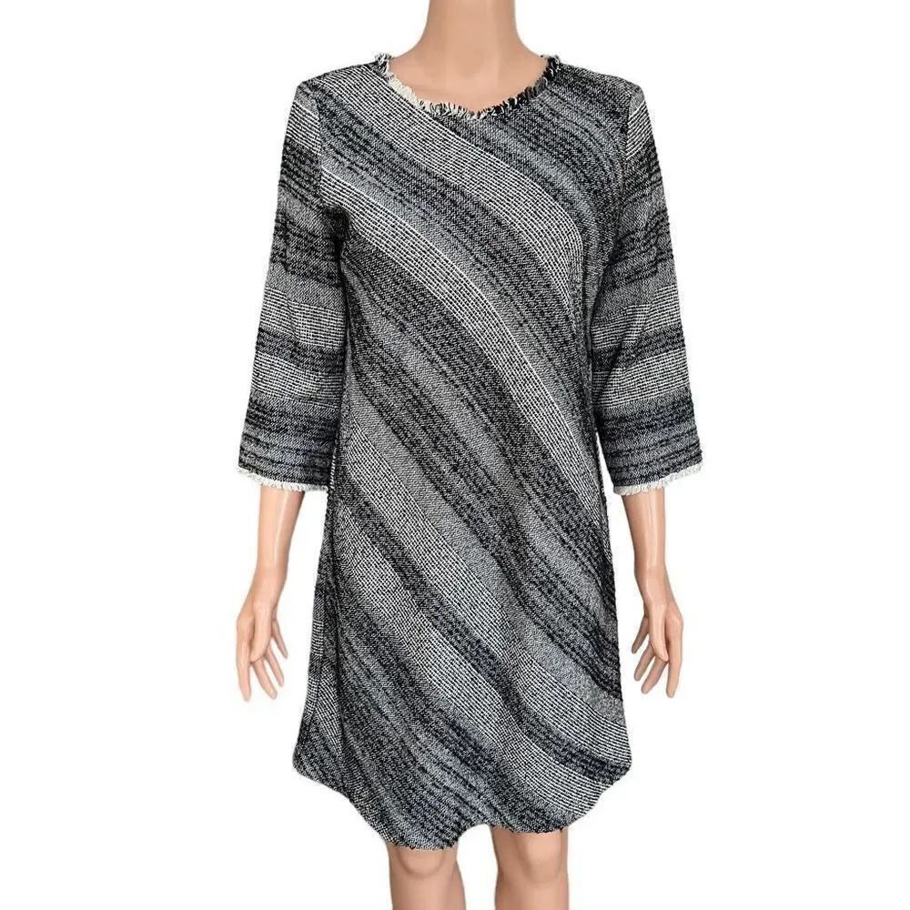 Zara Black & White Gray Stripe tweed Dress size M 3/4 Sleeve Cotton blend